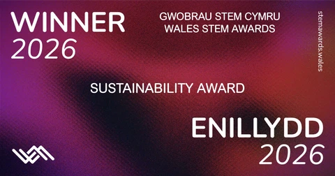 The logo for the Wales STEM Awards, along with the words 'Winner/Enillydd 2026' and 'Sustainability Award'