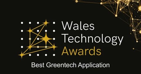 The logo for the Wales Technology Awards, along with the words 'Best Greentech Application'