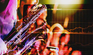 picture of person playing a saxaphone with an overlay of a graph