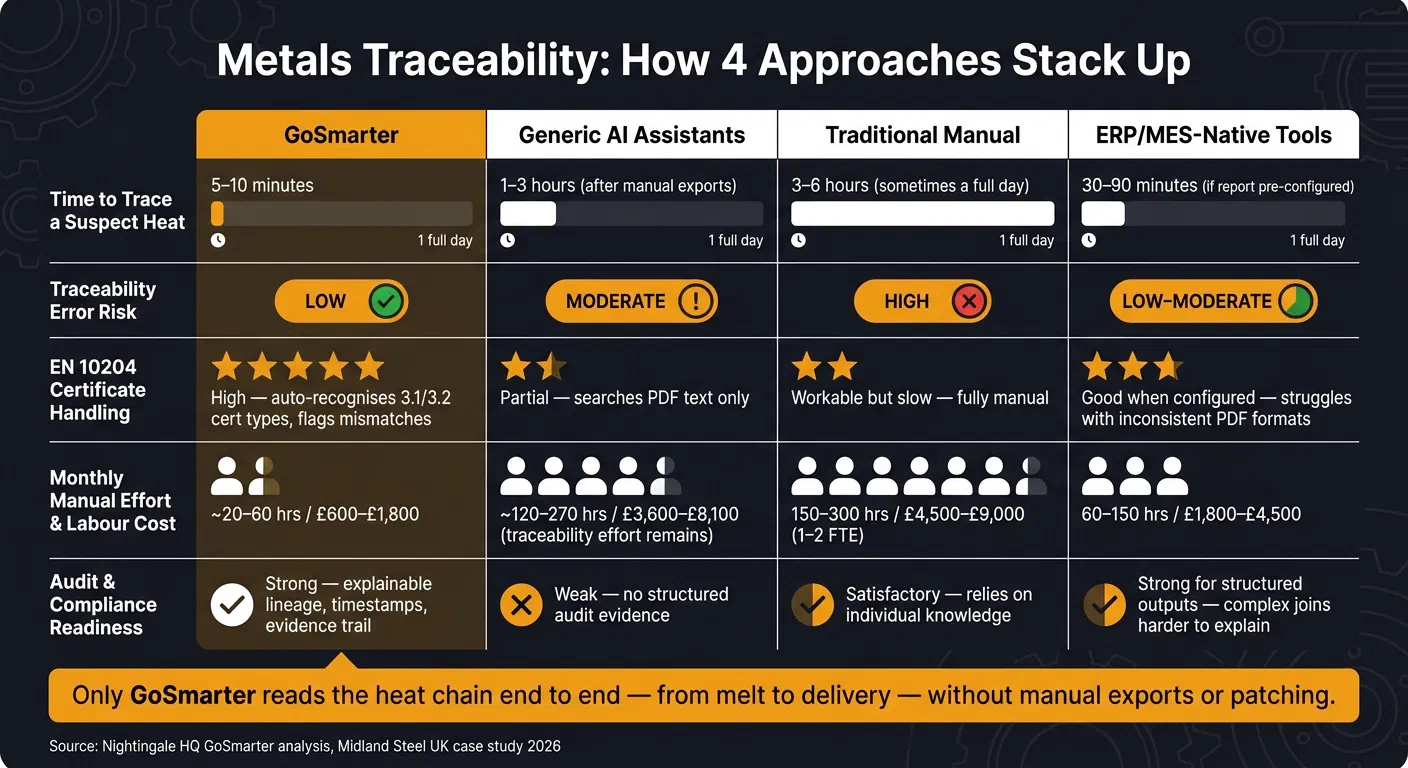 GoSmarter vs Generic AI vs Manual vs ERP: Metals Traceability Comparison