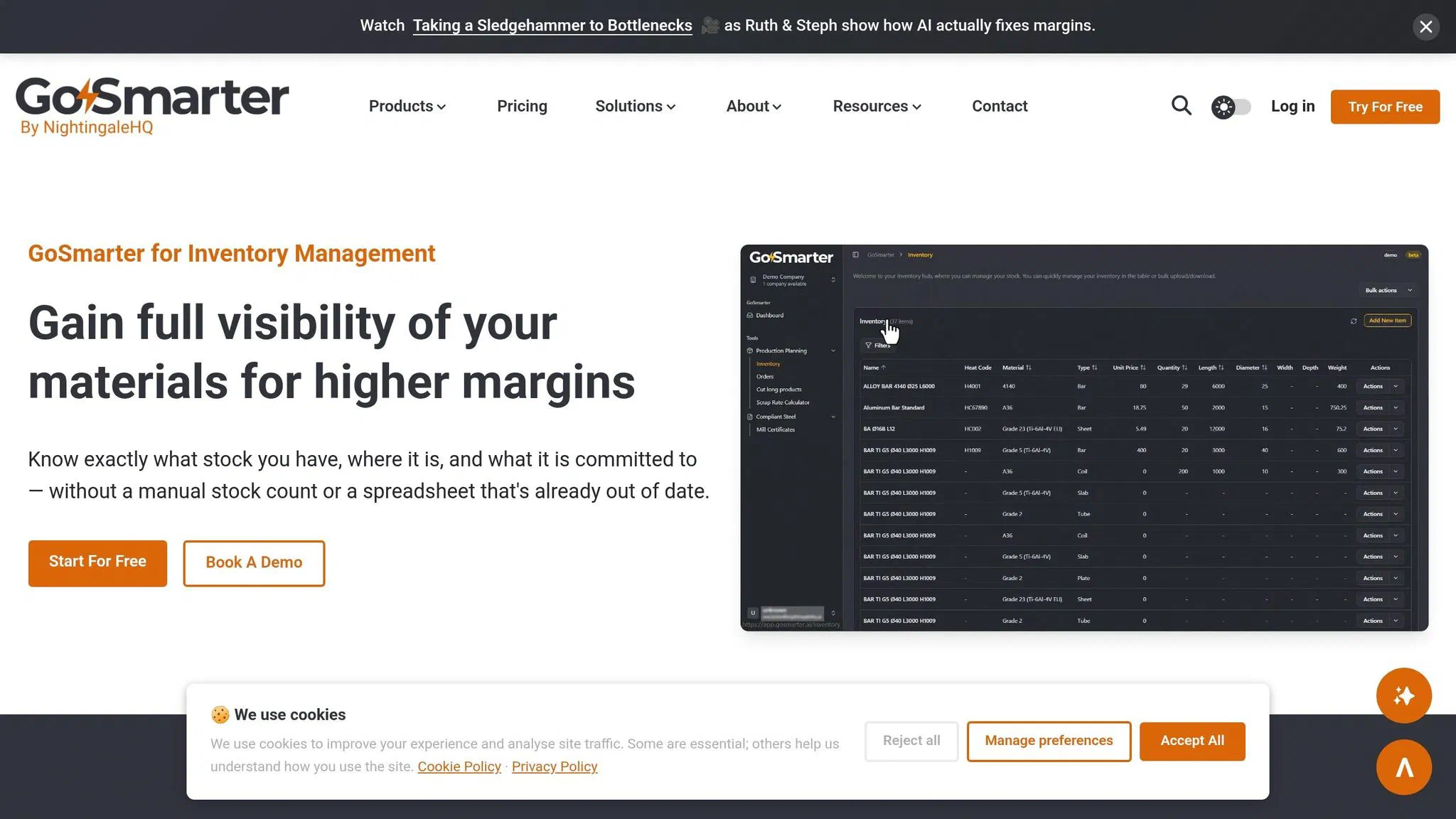 GoSmarter real-time inventory dashboard for metal shops showing live stock and heat traceability