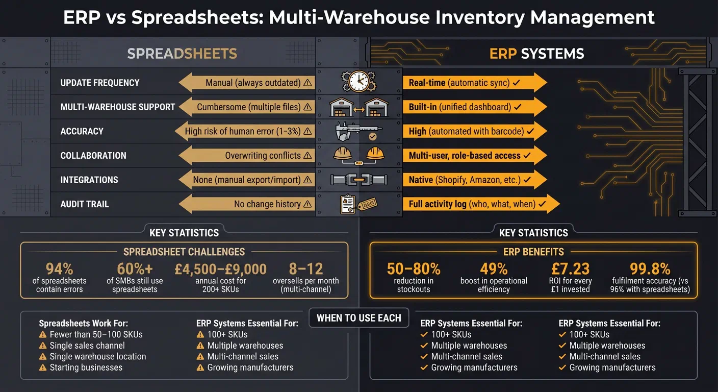 ERP vs Spreadsheets for Multi-Warehouse Inventory Management Comparison