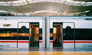 wide shot of the open doors of an express train