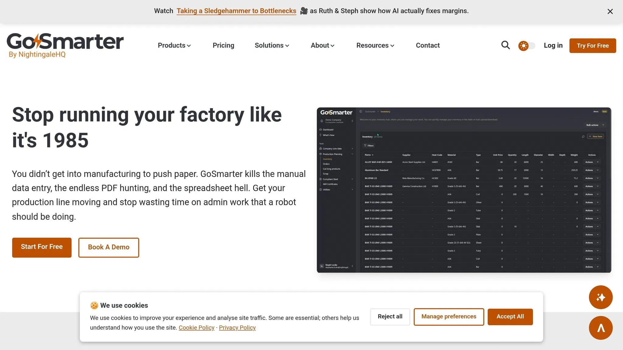 GoSmarter platform dashboard showing real-time production monitoring for metals manufacturing