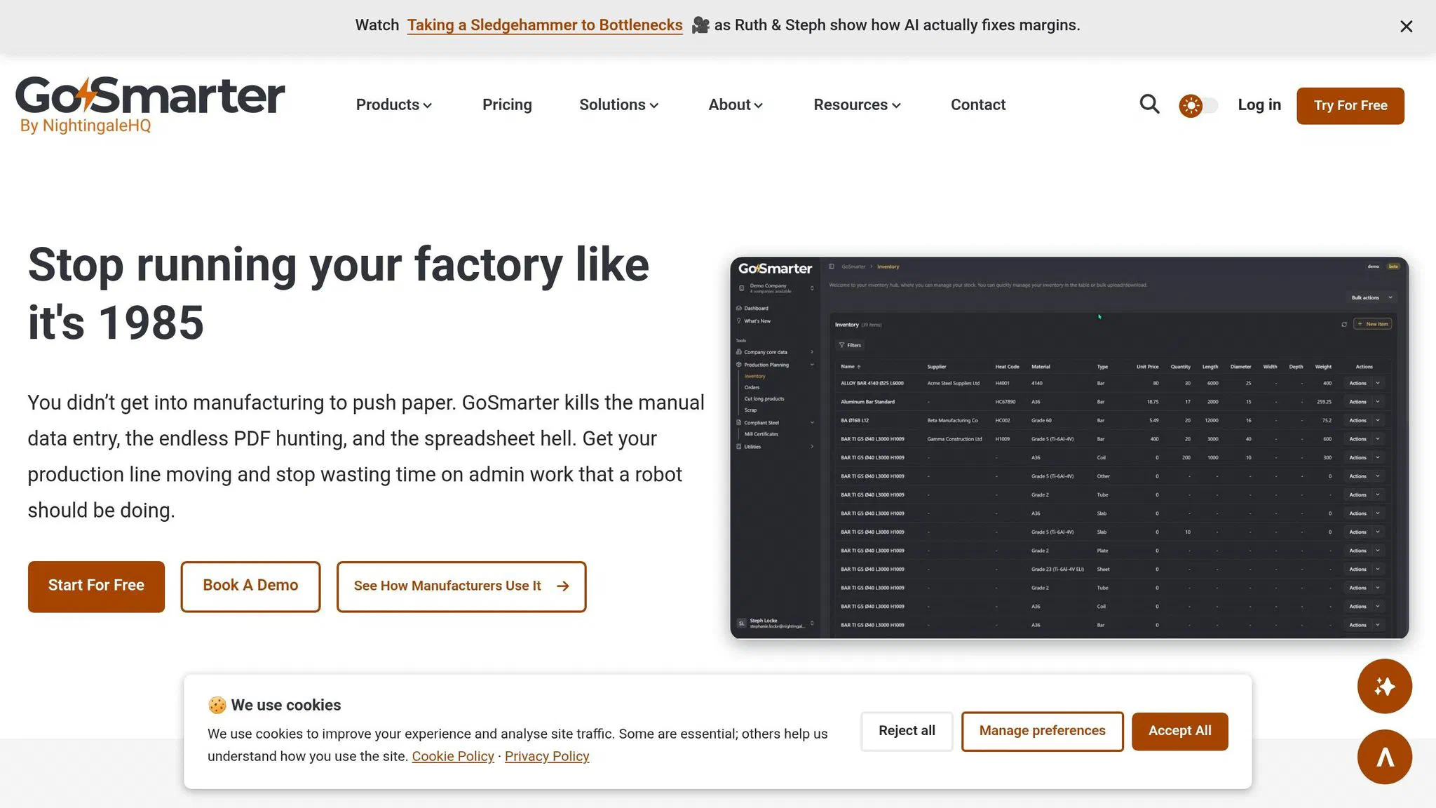 Screenshot of the GoSmarter metals manufacturing platform showing production and material tracking data