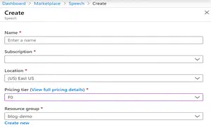 creating a resource for the Speech cognitive service