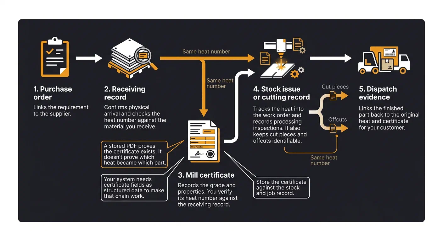 Diagram: one heat number linking purchase order, receiving record, mill certificate, cutting record and dispatch evidence