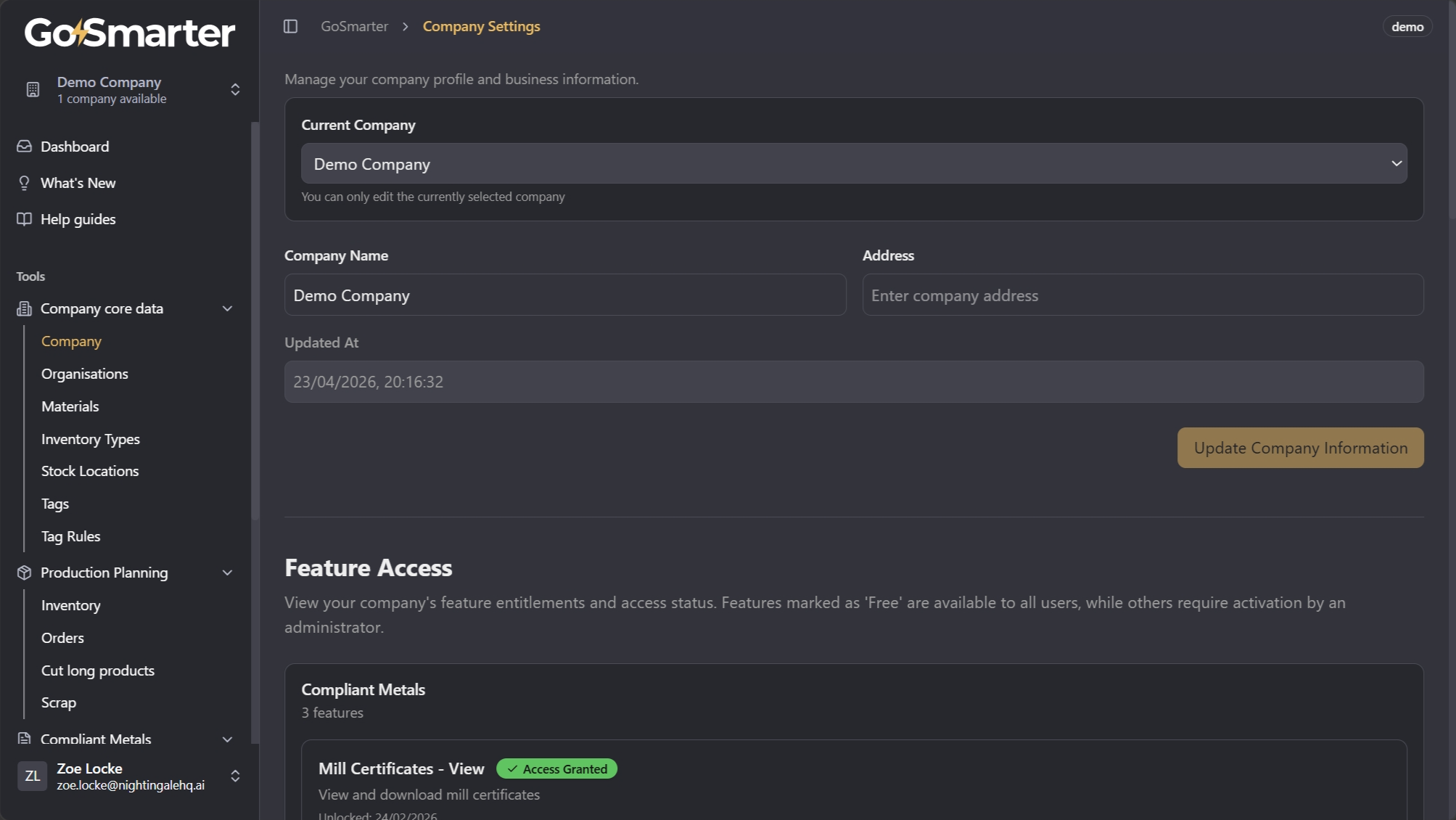 Company option highlighted under Company core data in the left navigation