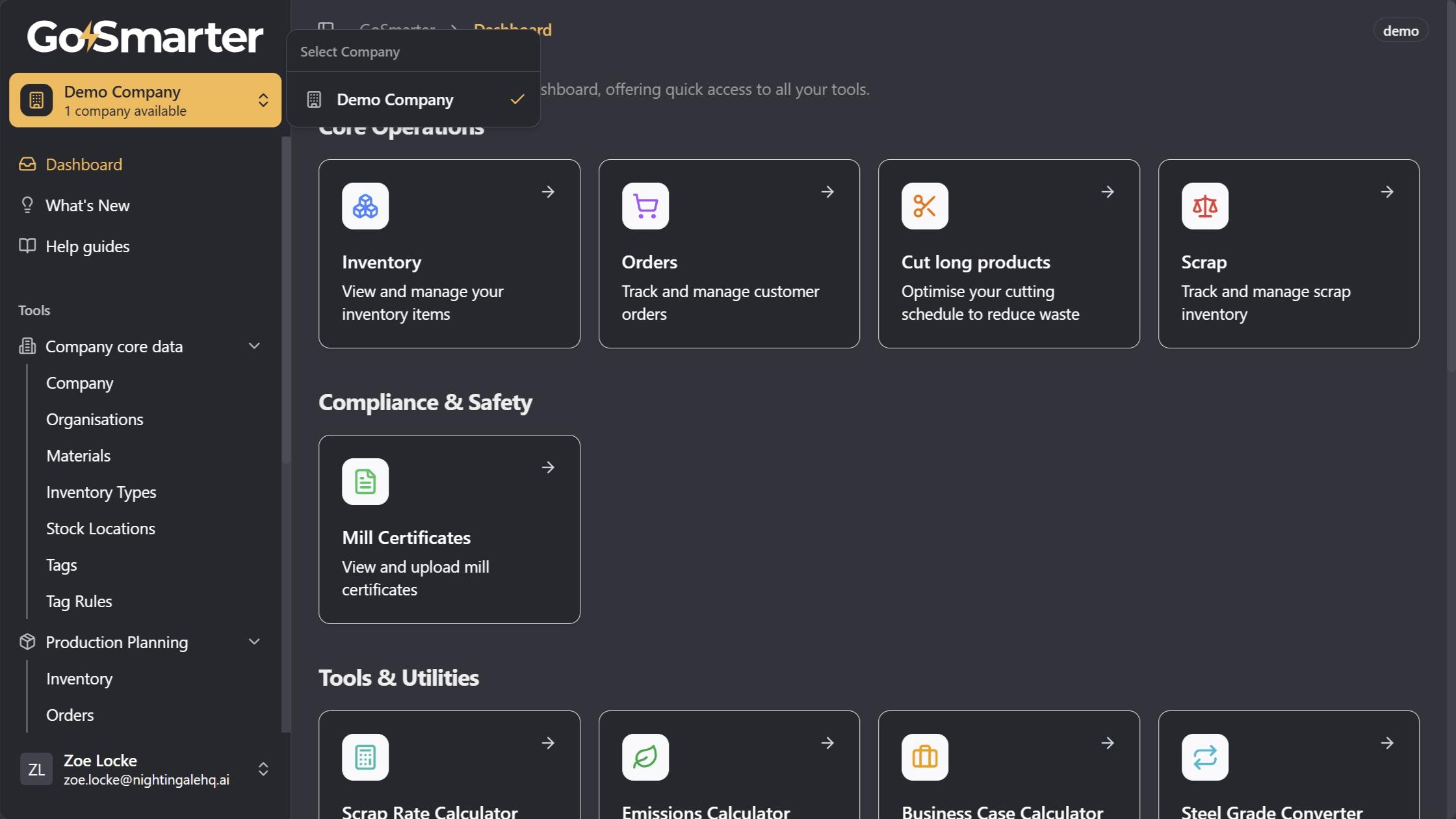 Company toggle in the top left corner for switching between companies
