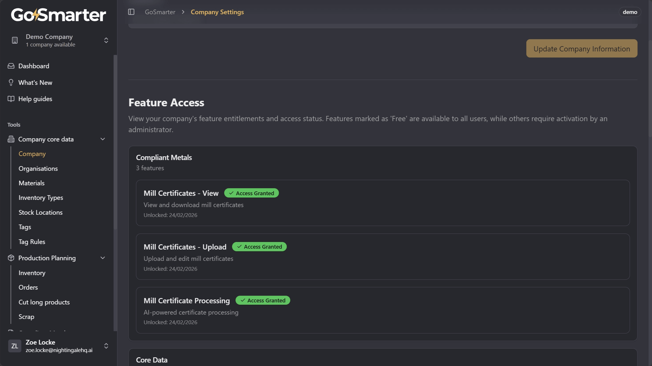 Scrolled view of the Company page showing tools and features