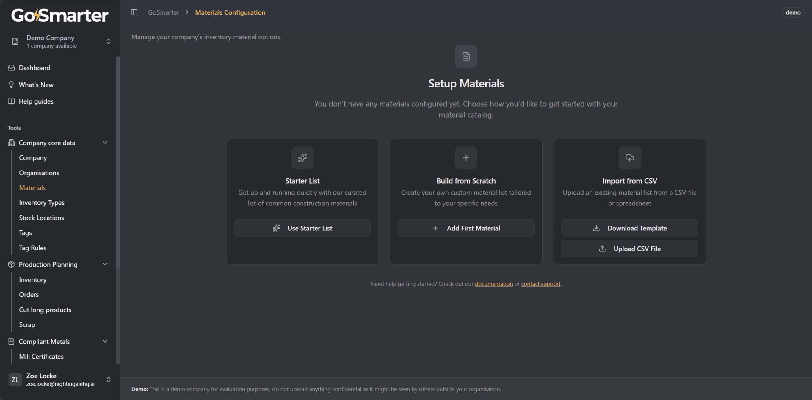 Materials setup page showing form entry, CSV upload, and Starter List options