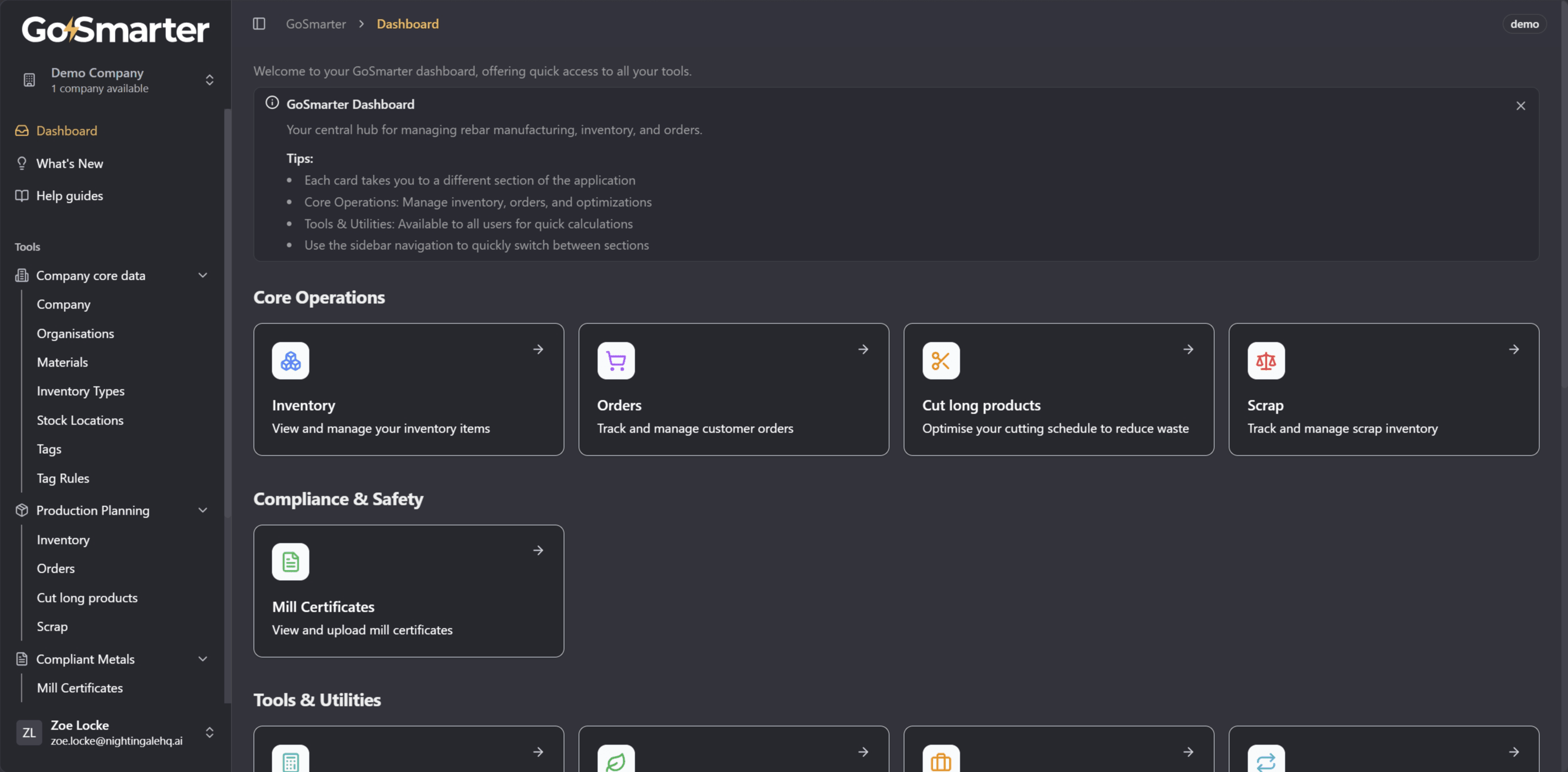 GoSmarter Dashboard with navigation to all tools