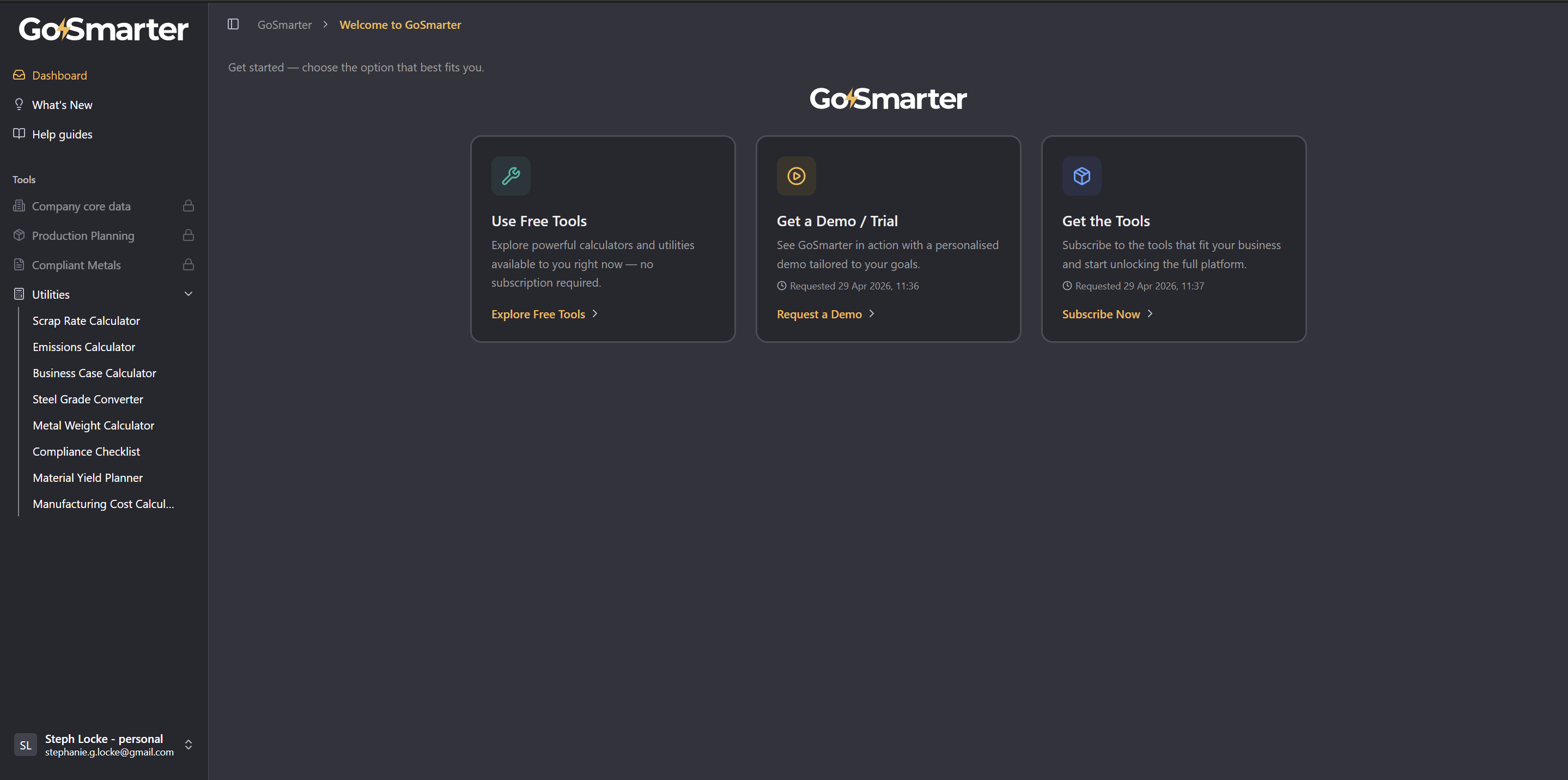 GoSmarter Dashboard for accounts not yet associated with a company, showing free tool and demo request options