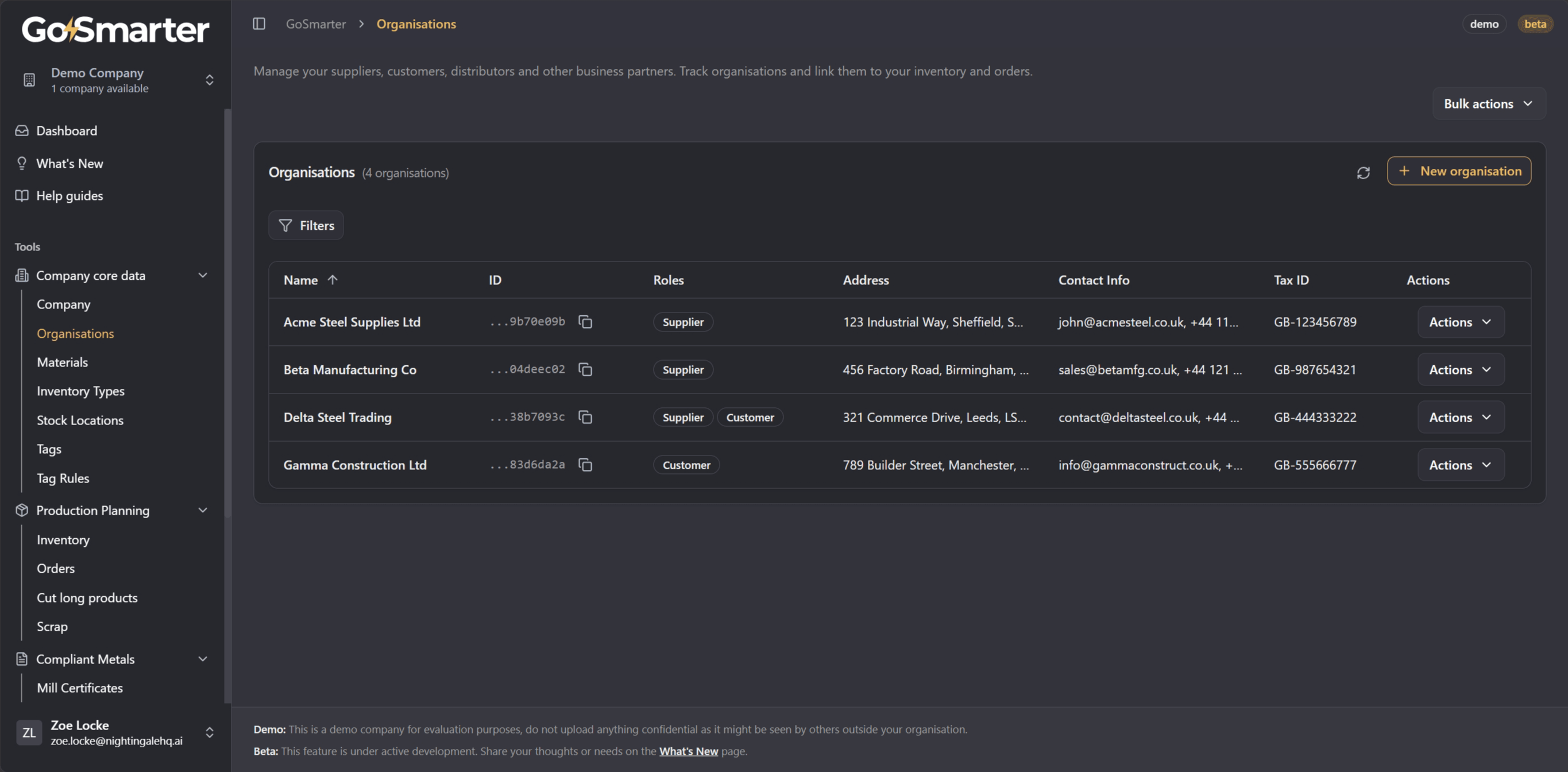 Organisations page in the left navigation under Company core data