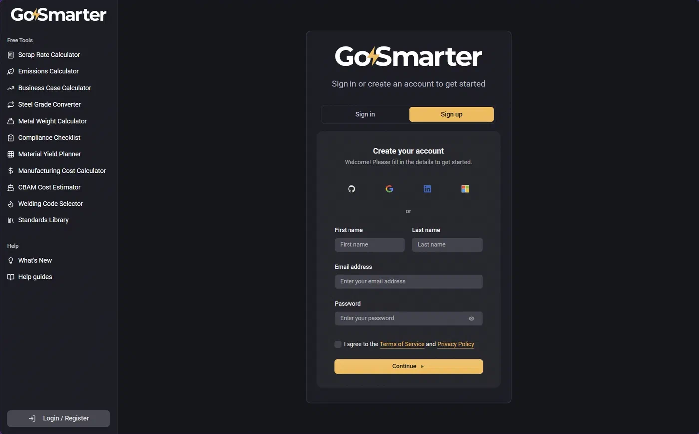 GoSmarter sign in and create account screen with Sign in and Sign up tabs