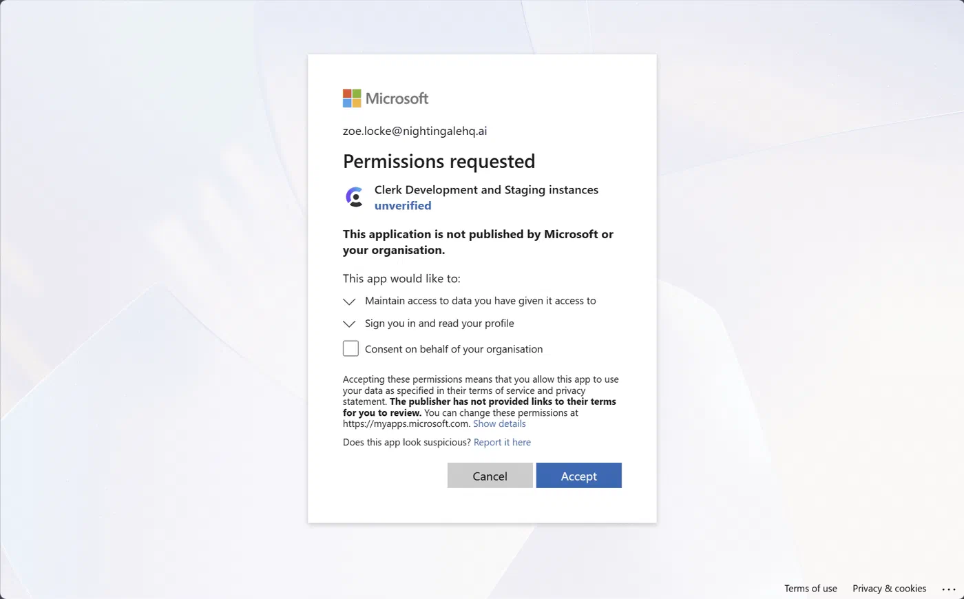 Microsoft permissions screen requesting access for Clerk to connect to your account