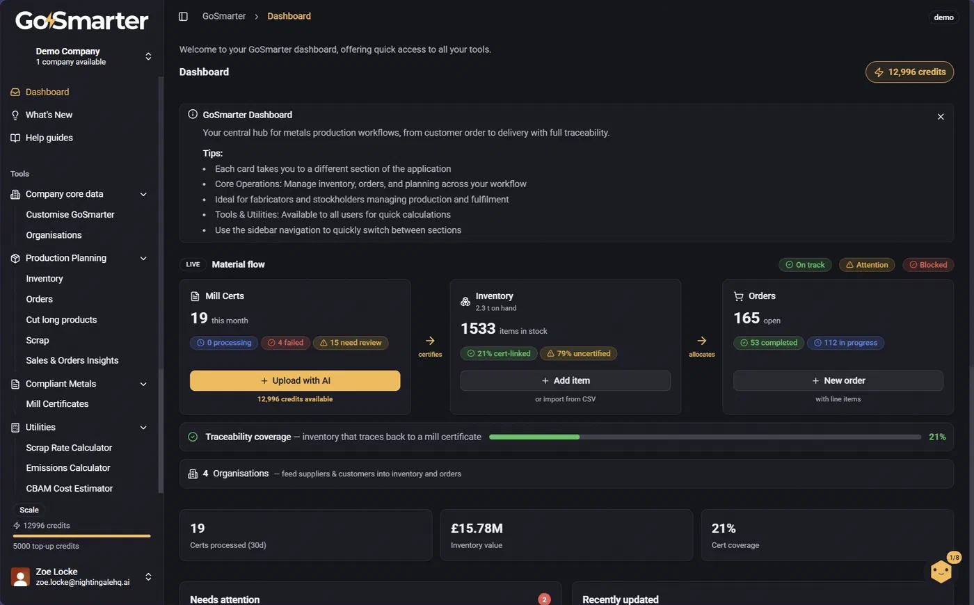 GoSmarter Dashboard showing Mill Certs, Inventory, and Orders overview cards with a Tutorial Mode tips panel