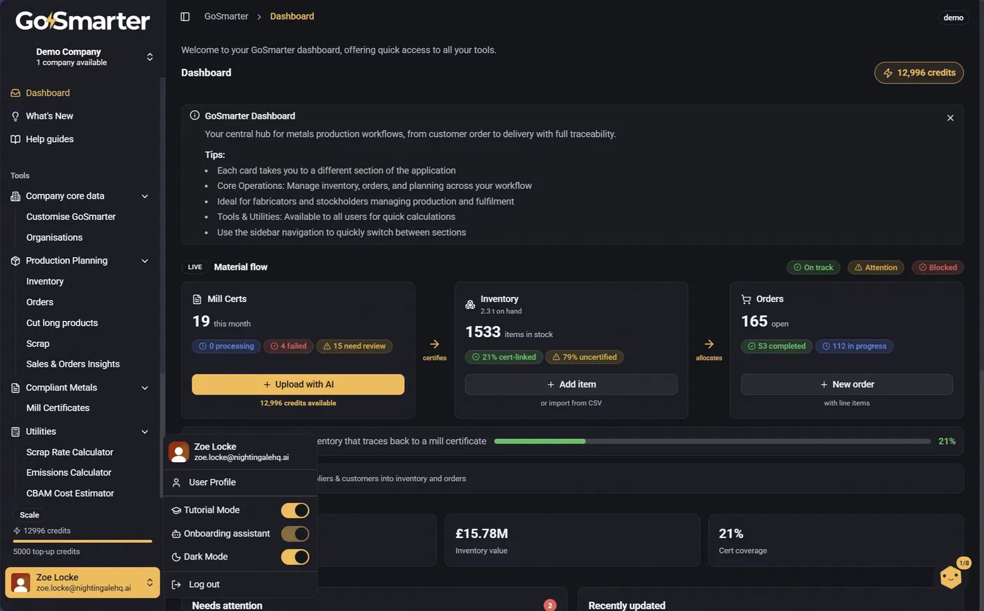 User menu opened from the bottom left corner showing User Profile, Tutorial Mode, Onboarding assistant, Dark Mode, and Log out
