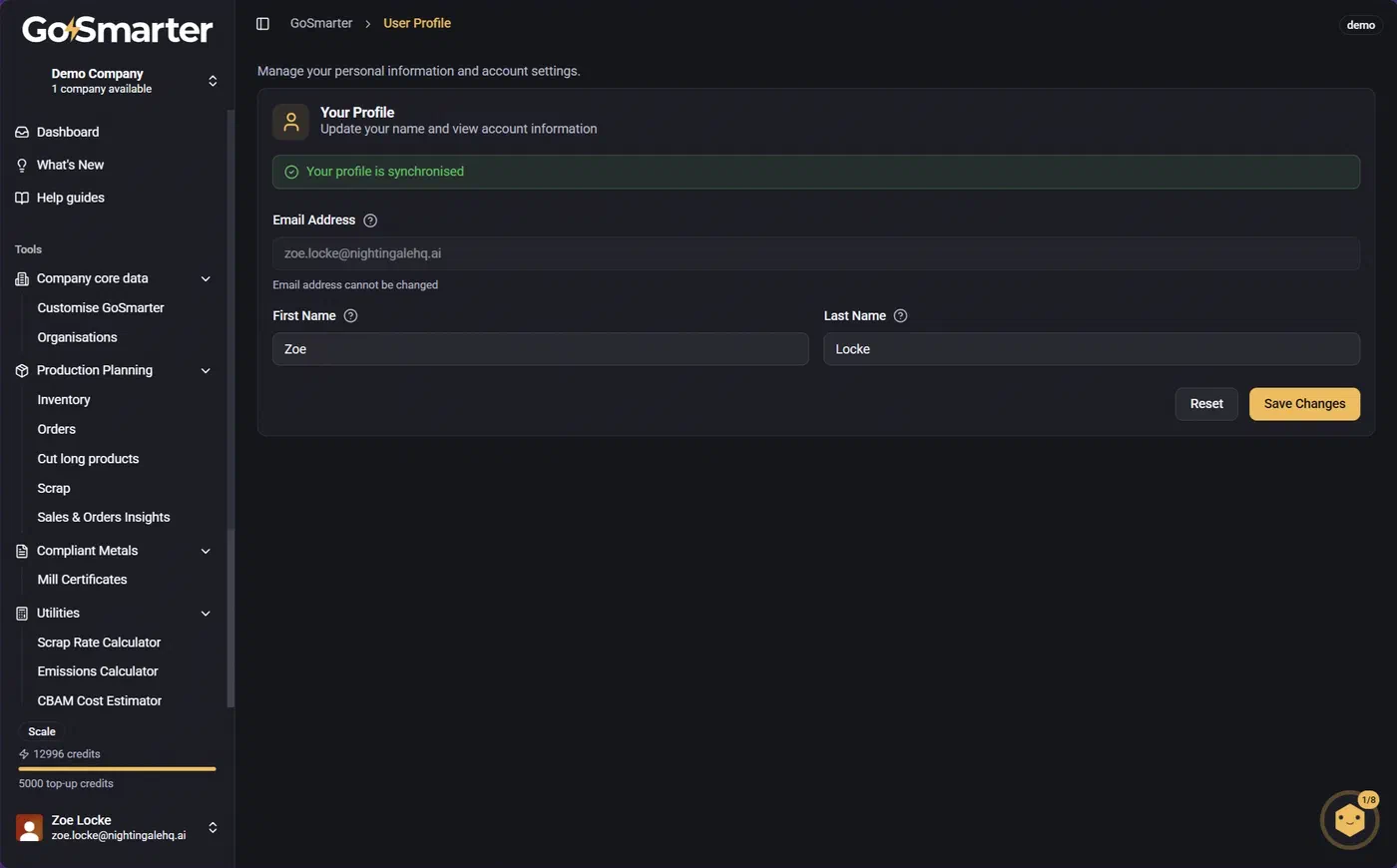 User Profile page with editable First Name and Last Name fields and a read-only email address