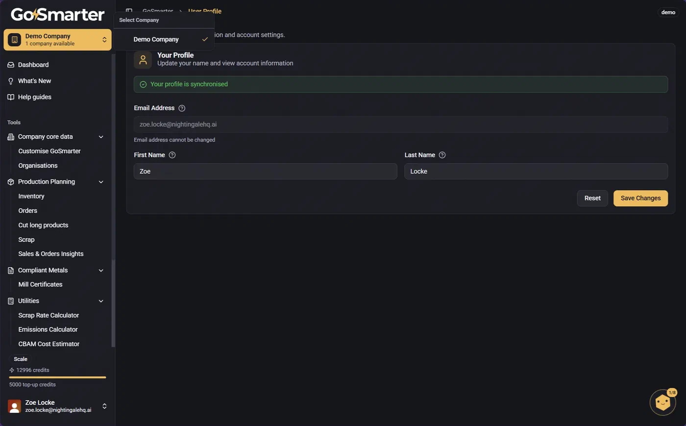 Select Company dropdown opened from the top left corner of the screen