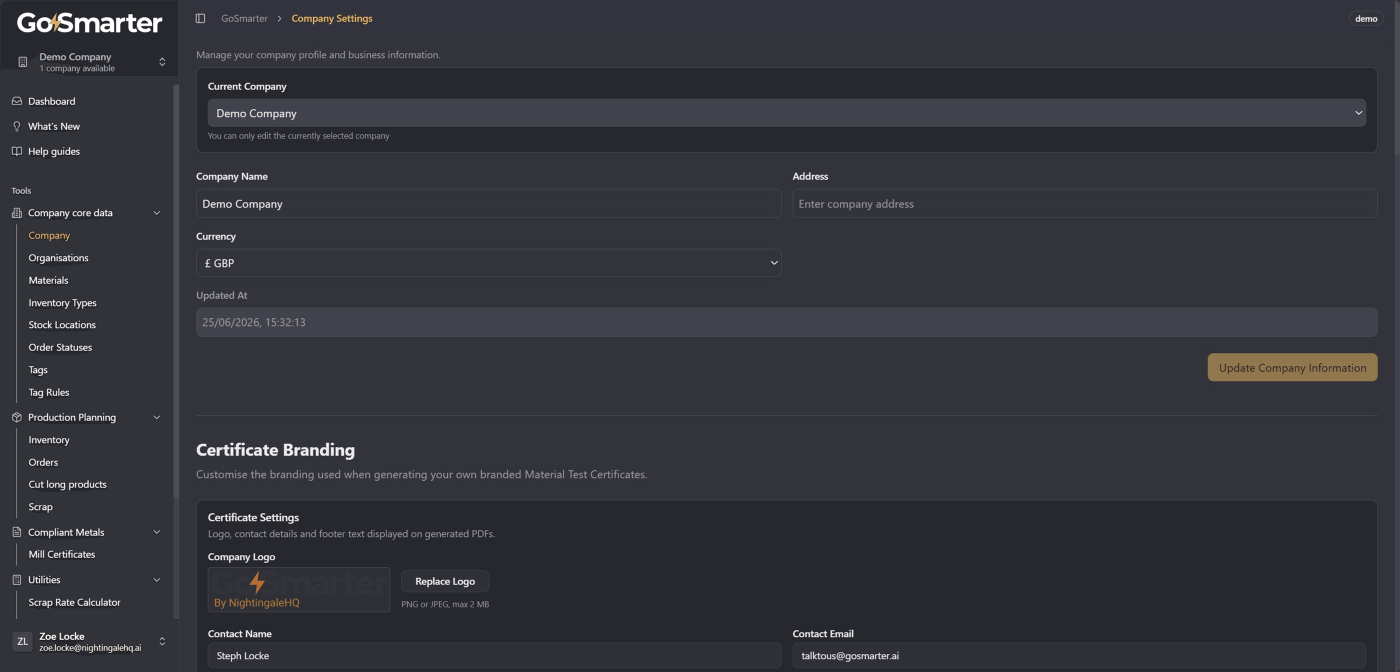 Company option highlighted under Company core data in the left navigation