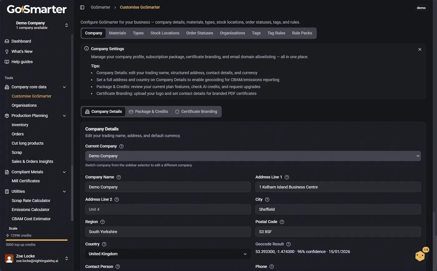 Customise GoSmarter page showing the Company tab with Company Details, Package and Credits, and Certificate Branding sub-tabs
