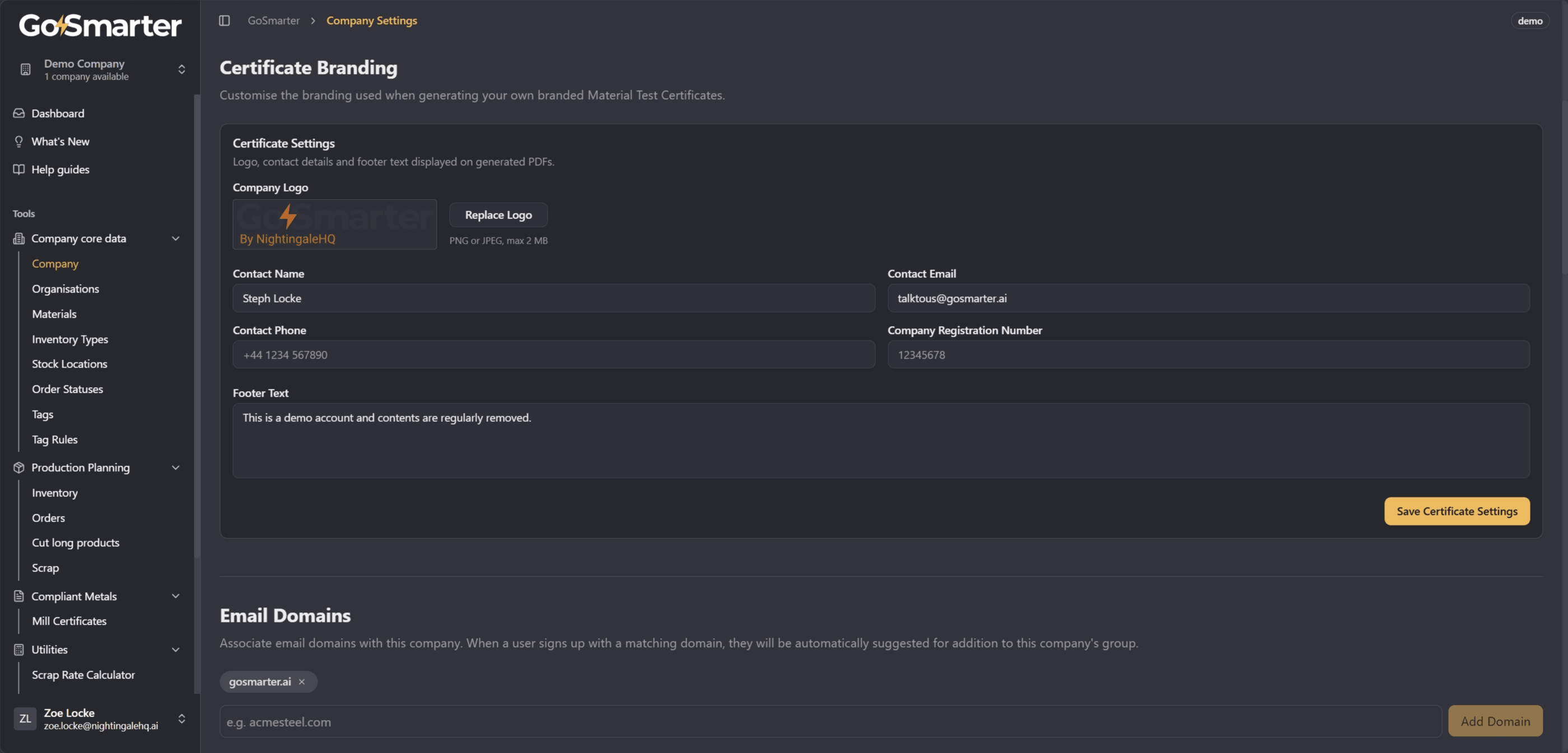Company Settings page showing Certificate Settings and Email Domains sections