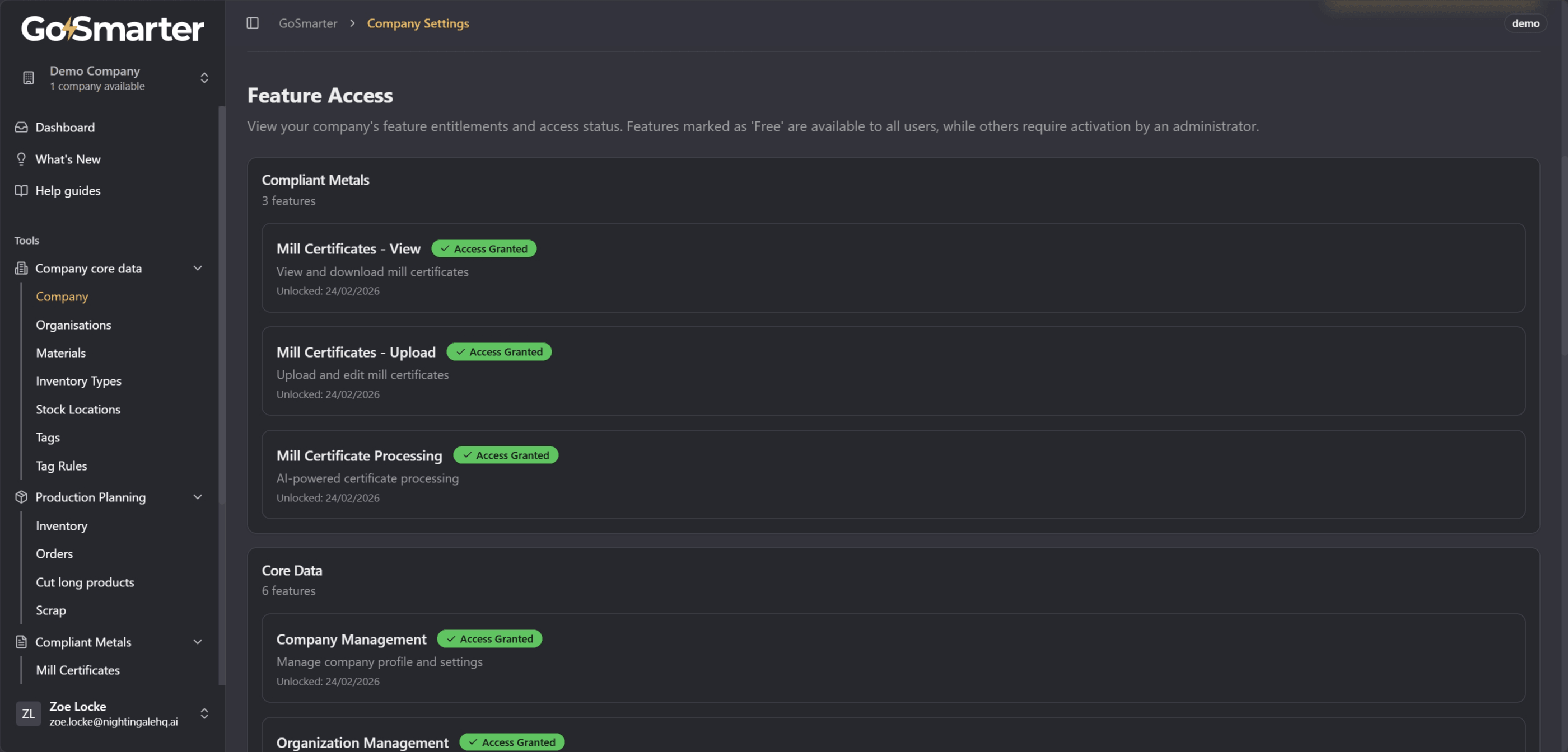 Company Settings page scrolled to show Feature Access tables