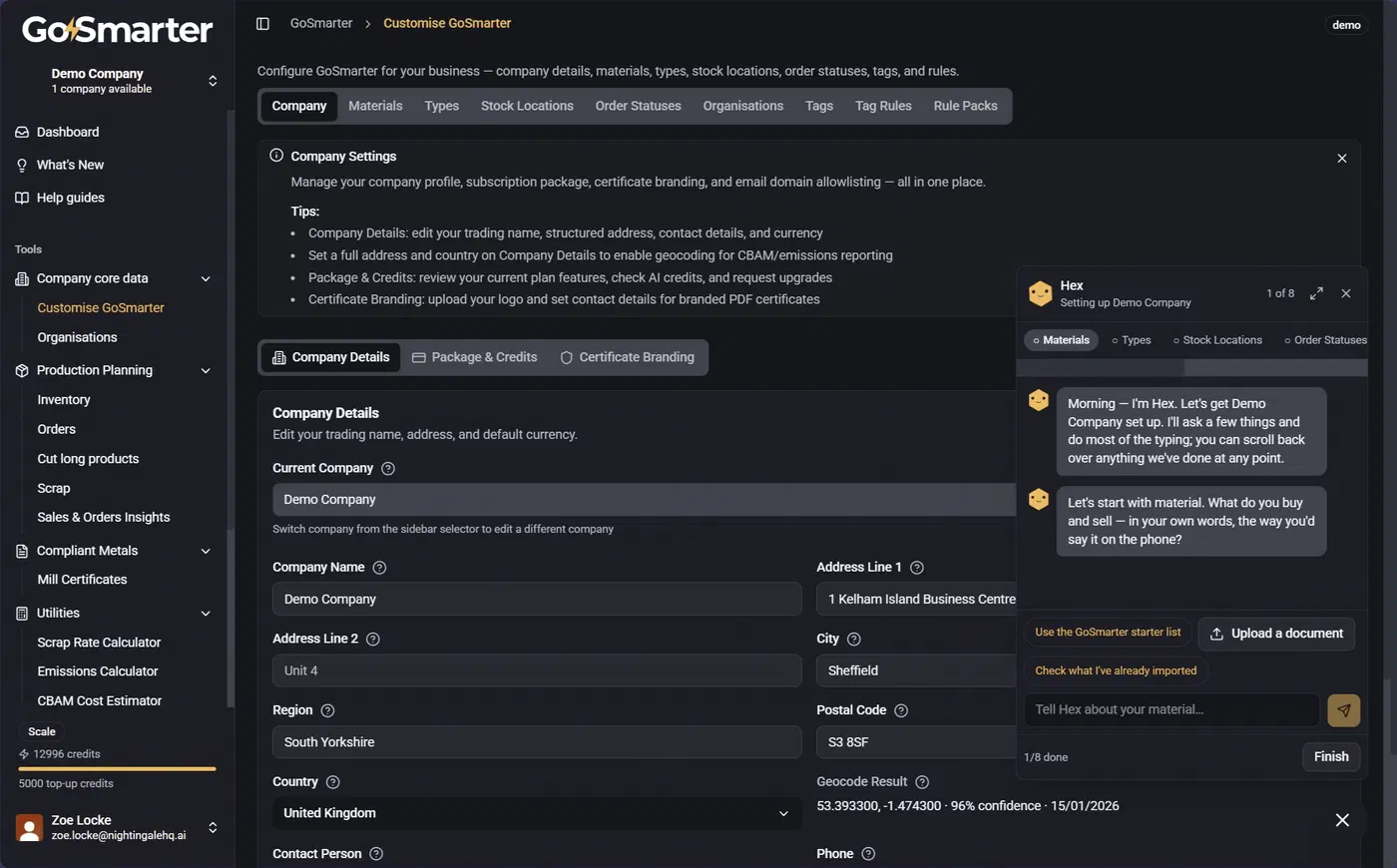 Hex onboarding assistant chat panel asking about materials, with options to use the starter list, upload a document, or type an answer