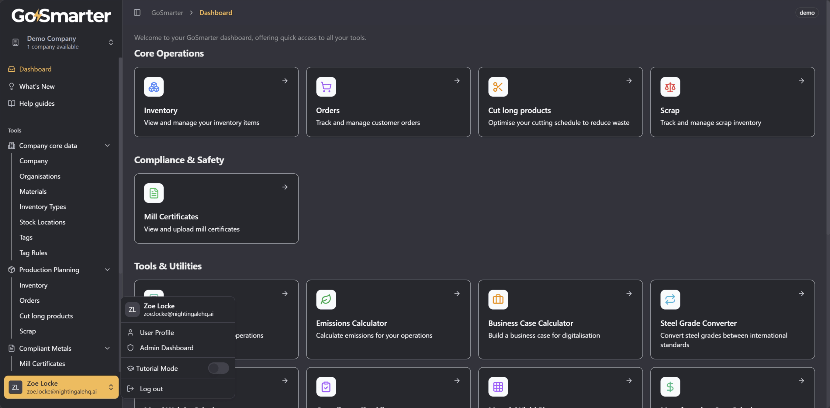User account menu accessed from the bottom left corner