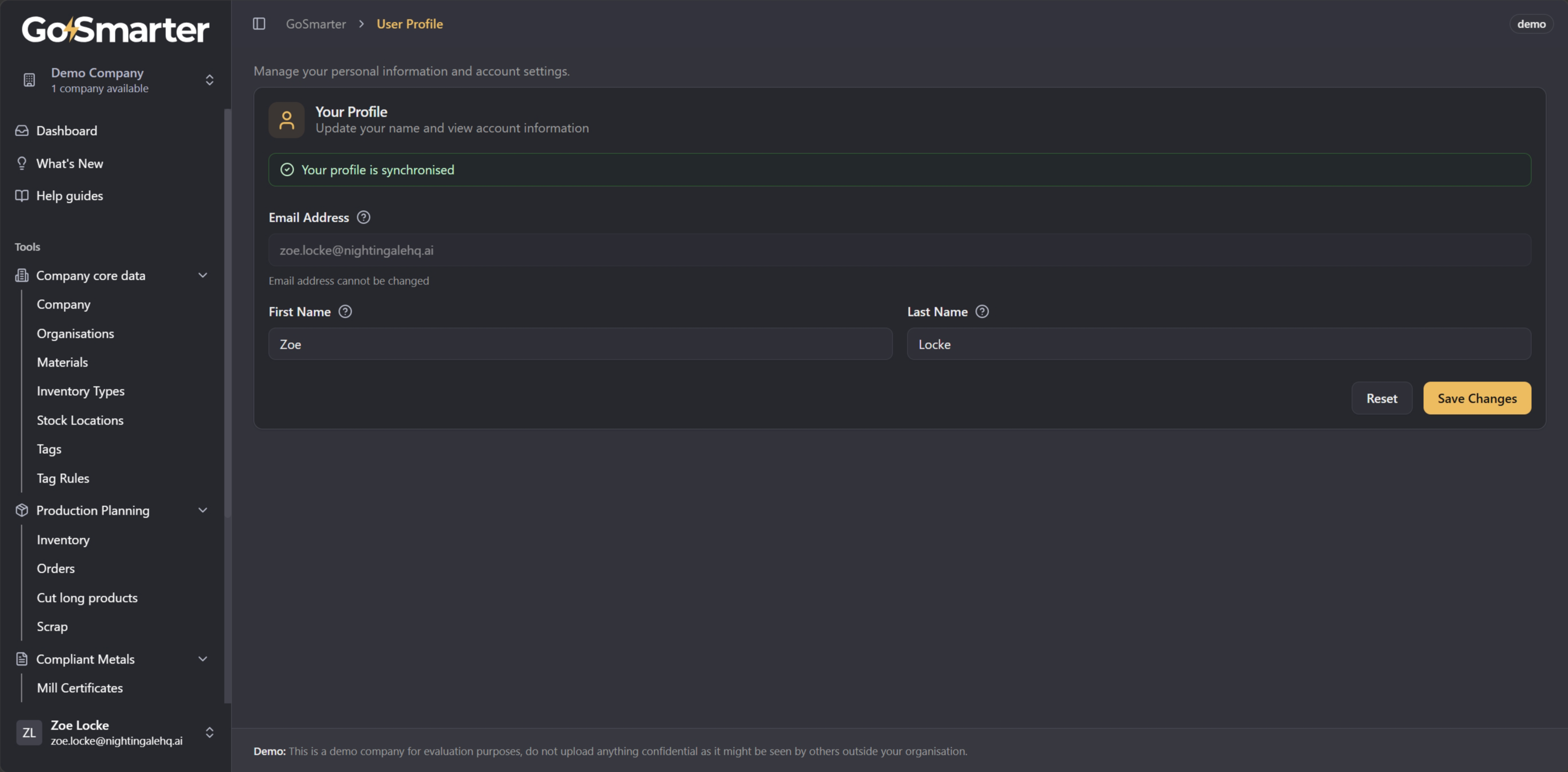 User Profile page showing name and email address fields