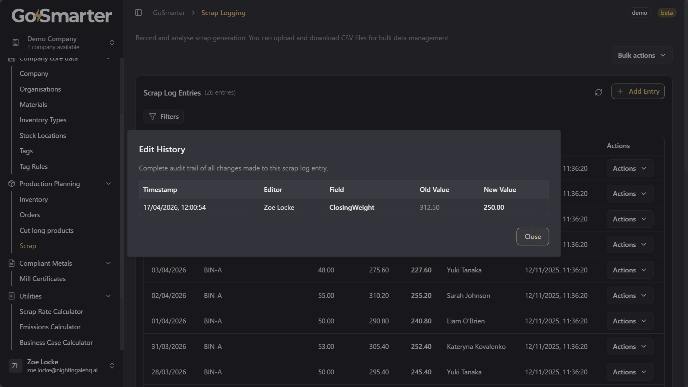 View History window showing changes to a record