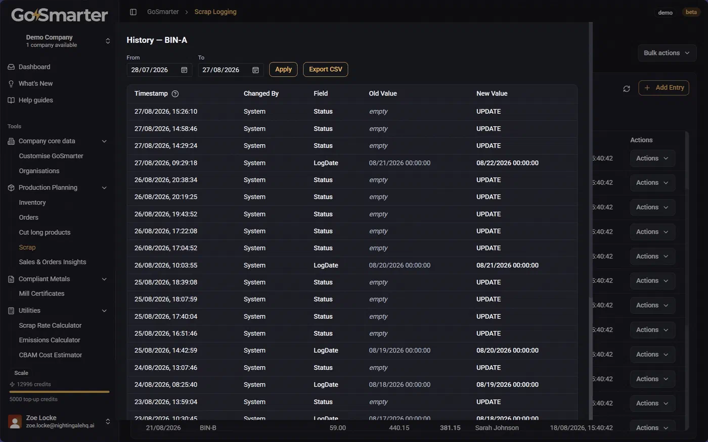 View History window showing changes to a record