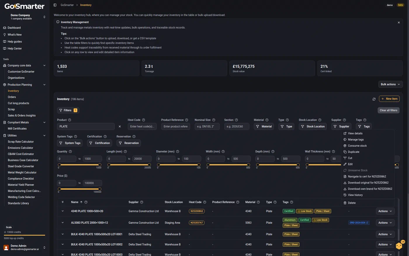 Actions menu on an inventory row showing Consume Stock and Cut alongside the other item operations