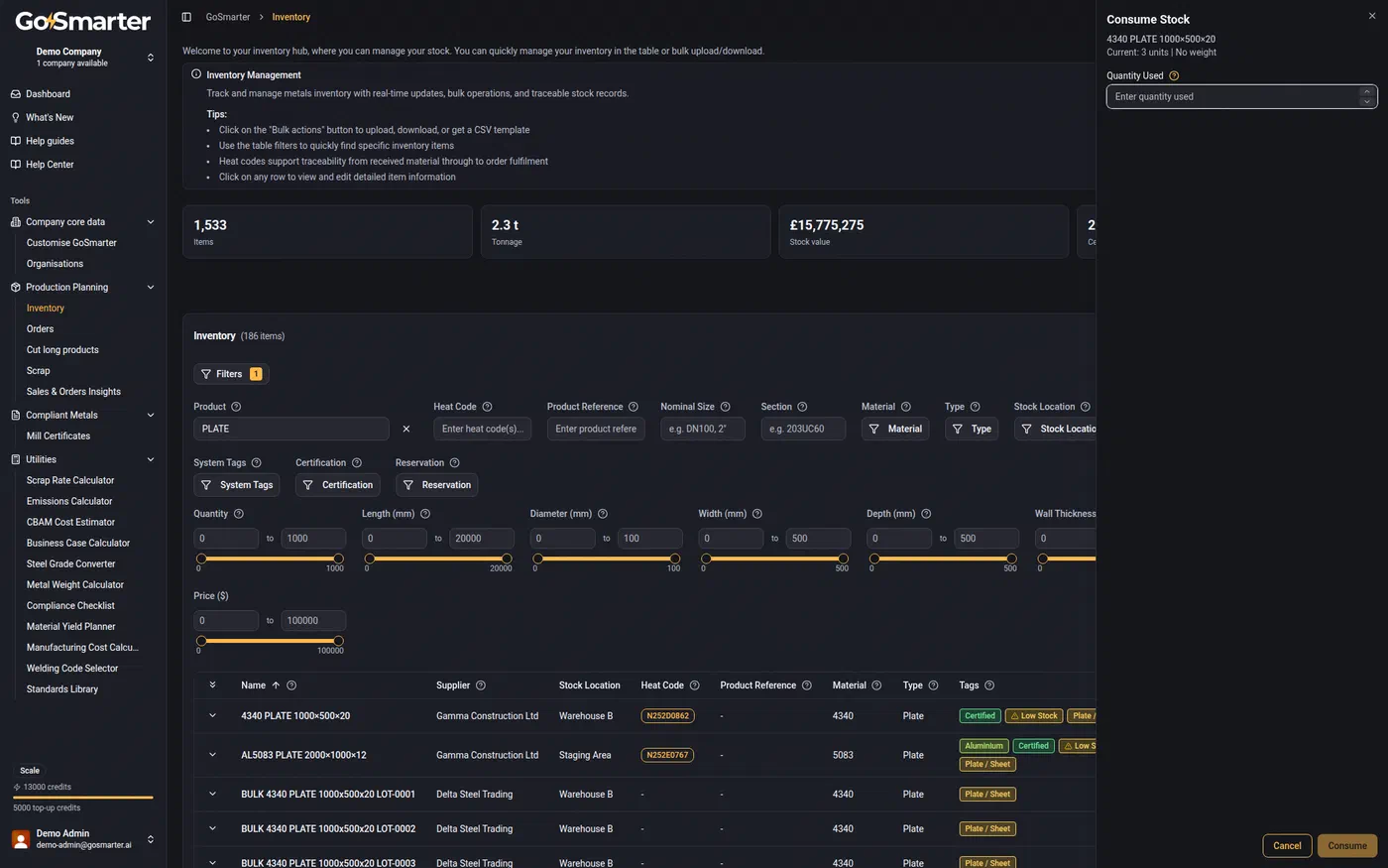Consume Stock window showing the item's current stock and a quantity used field