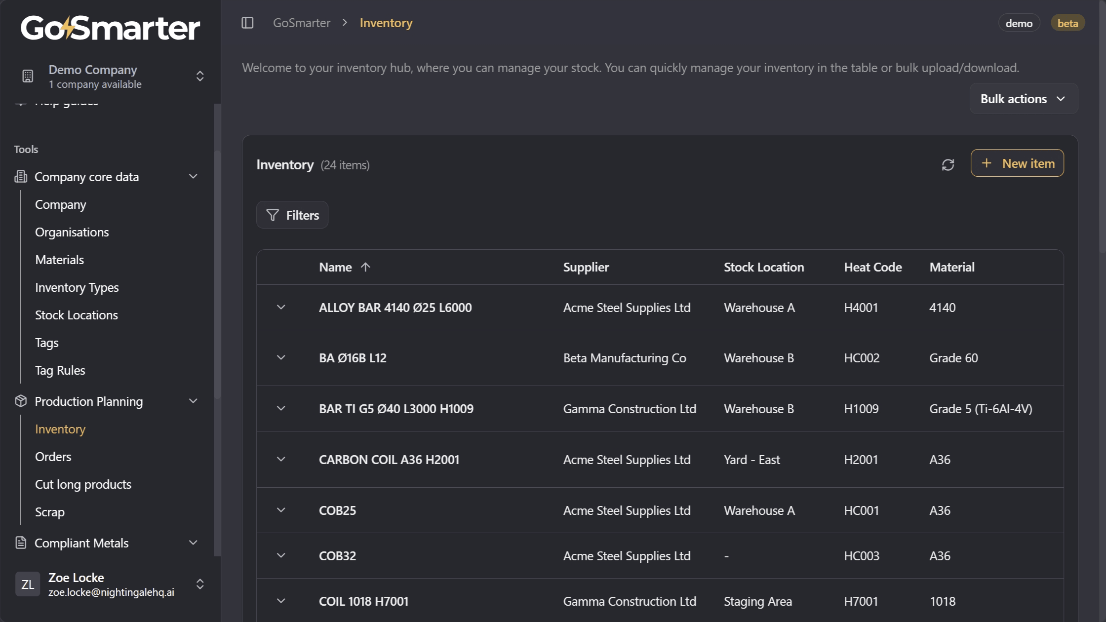 Left navigation expanded to show Inventory under Production Planning