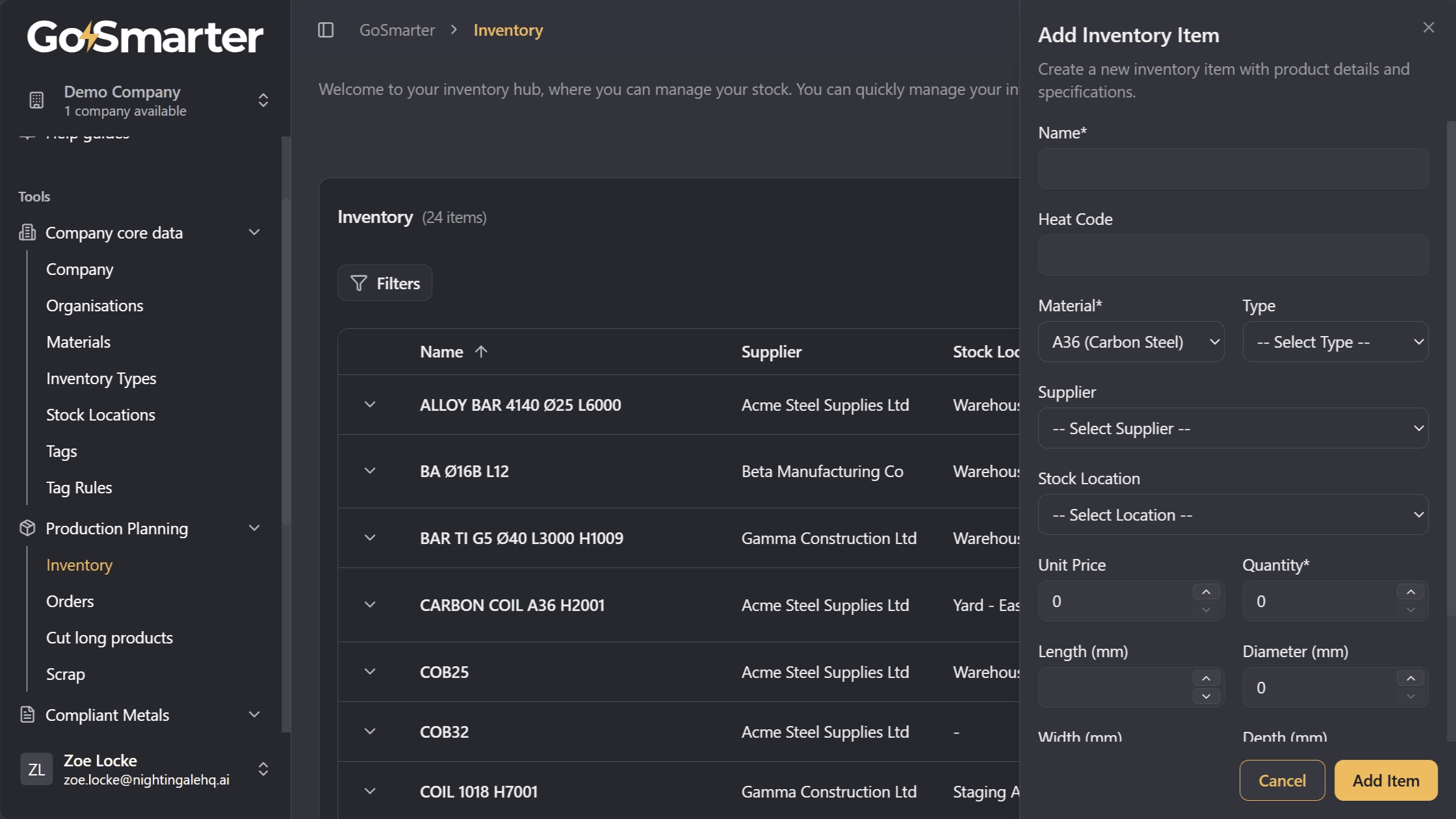 New inventory item form with input fields