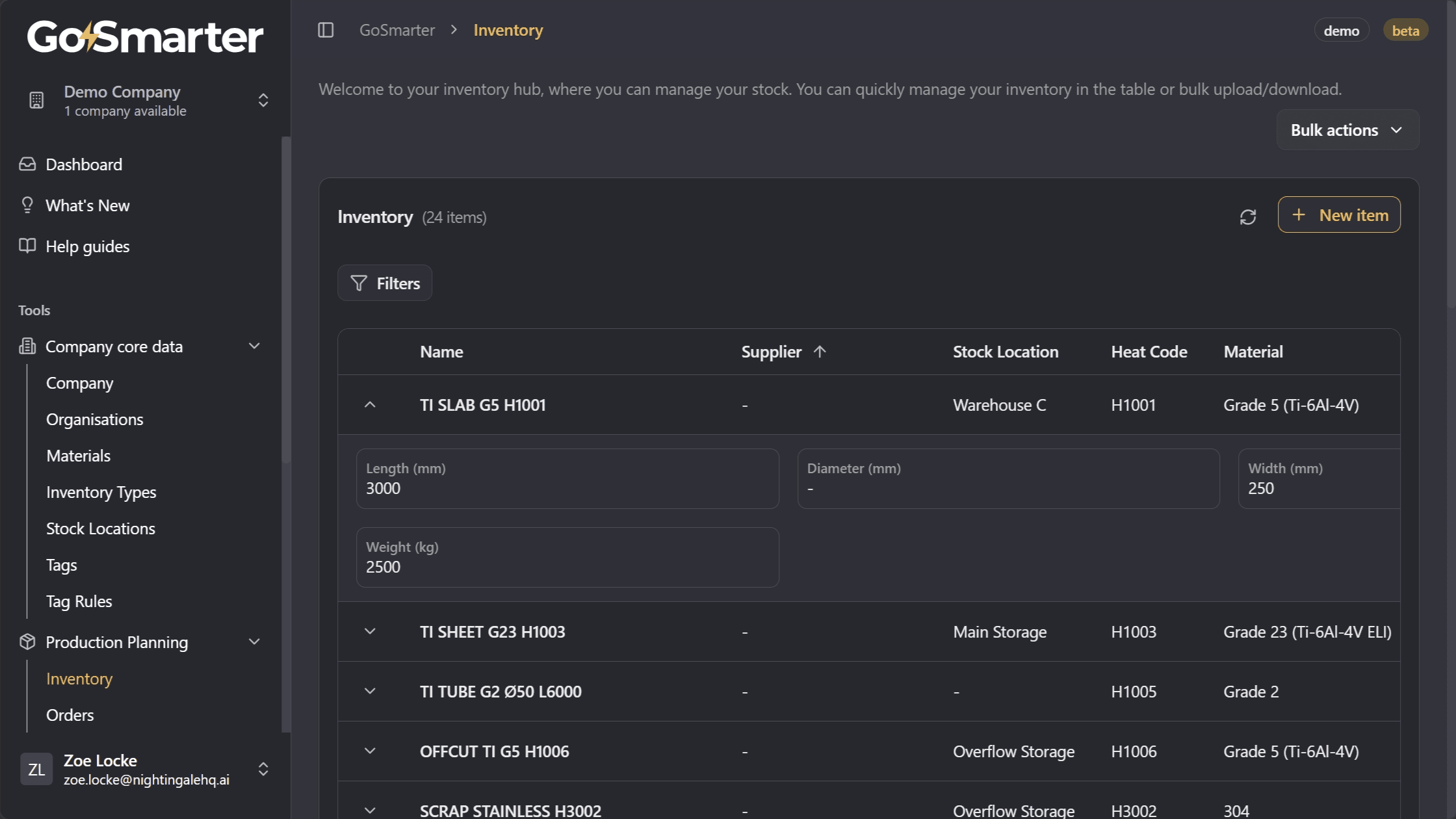Expanded inventory row showing detailed item fields