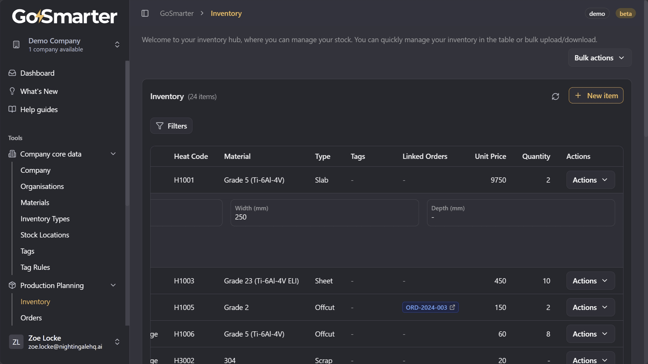 Expanded inventory details showing linked order information