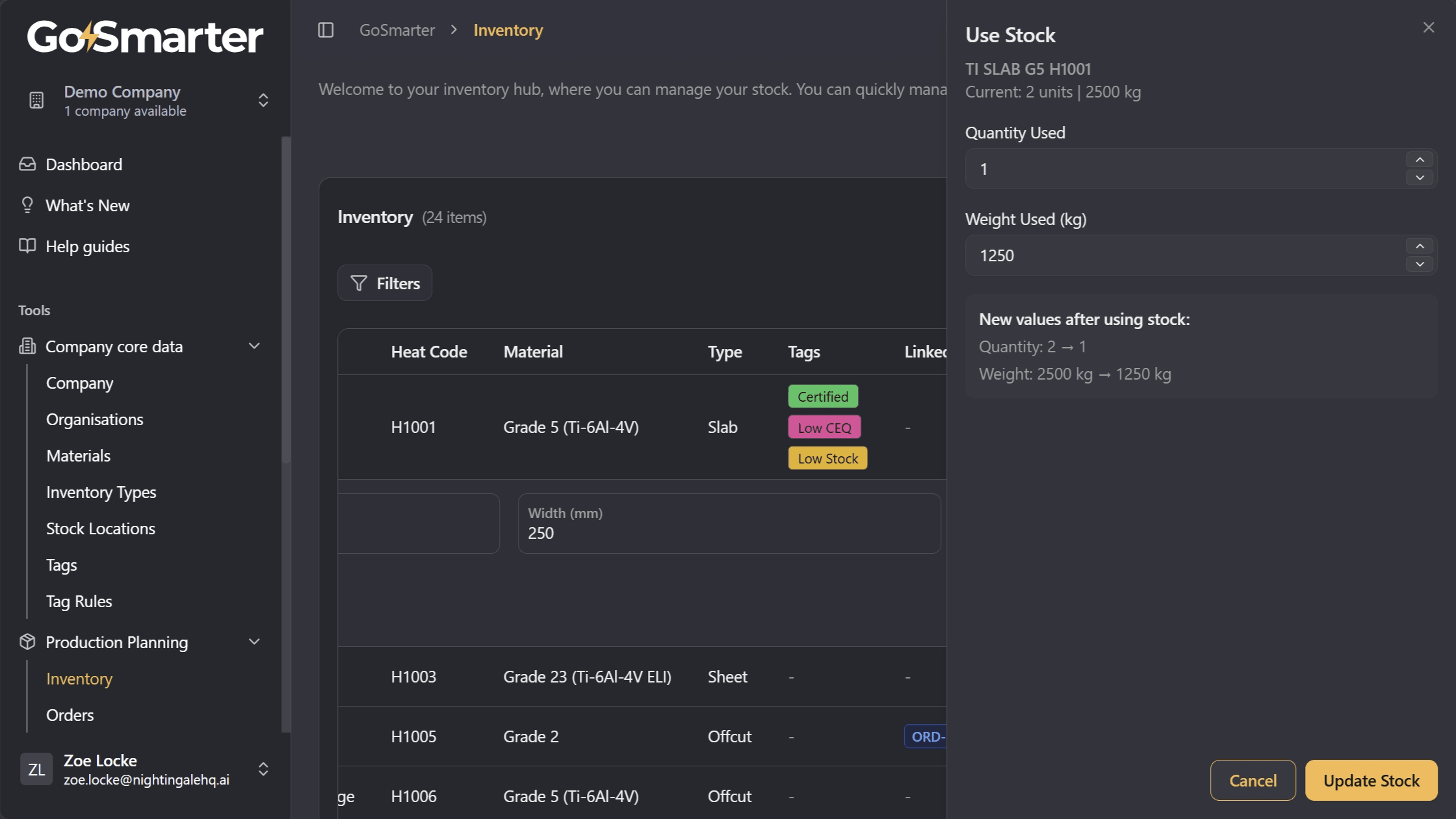 Use Stock dialog for entering stock usage quantities and weight