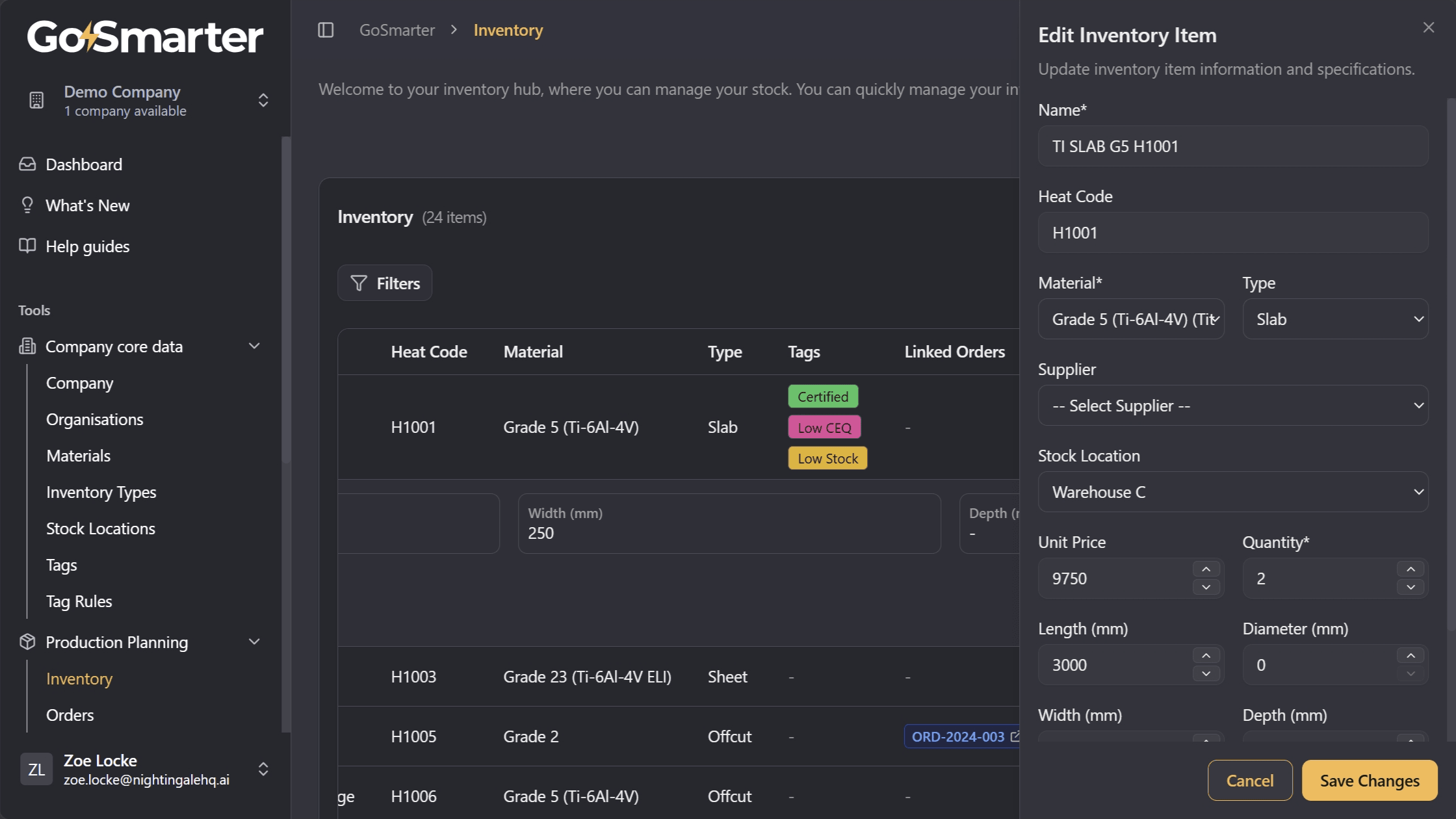 Edit inventory item window with existing values
