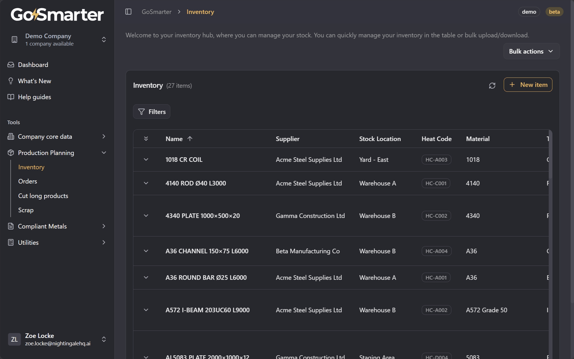The Inventory page open via Production Planning navigation