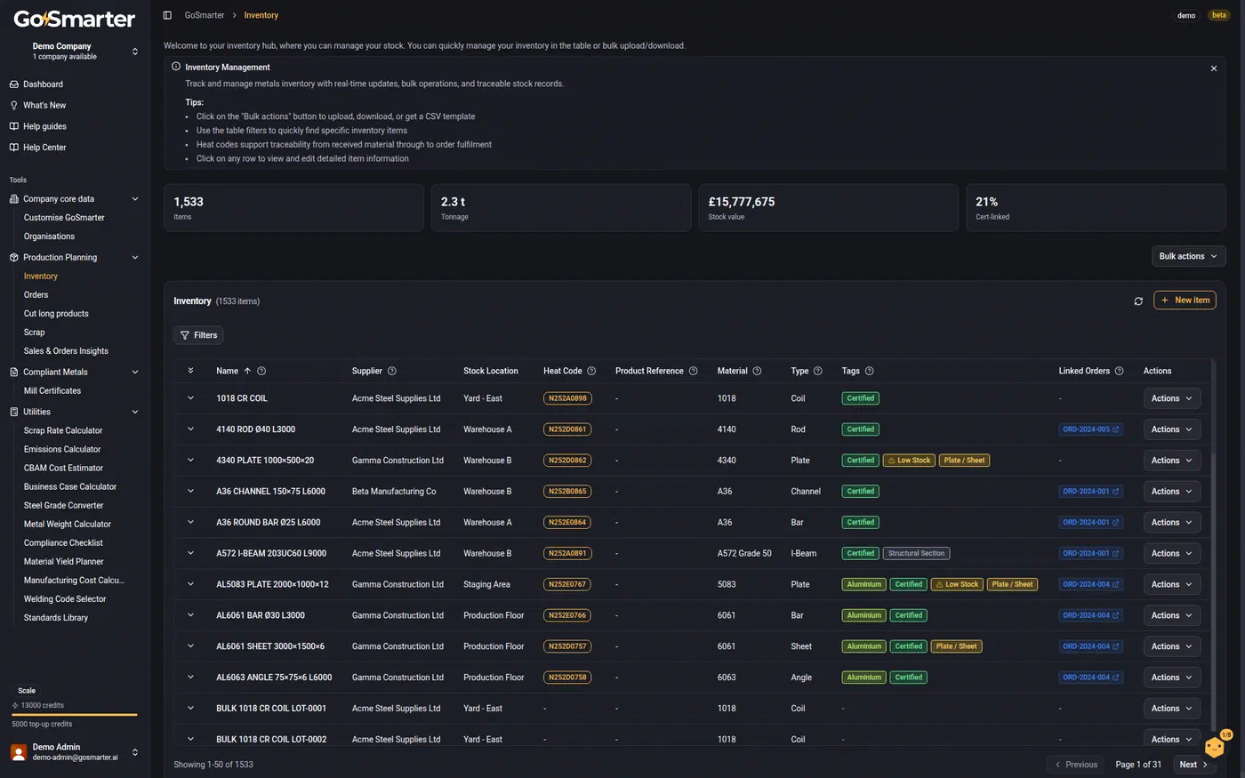 The Inventory page open via Production Planning navigation