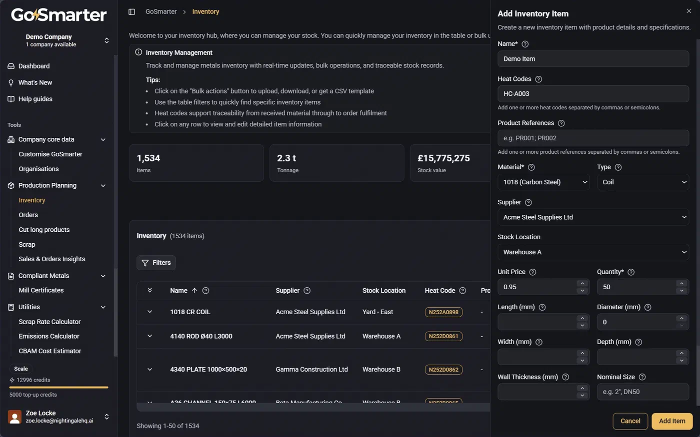 New Item window with inventory attribute fields
