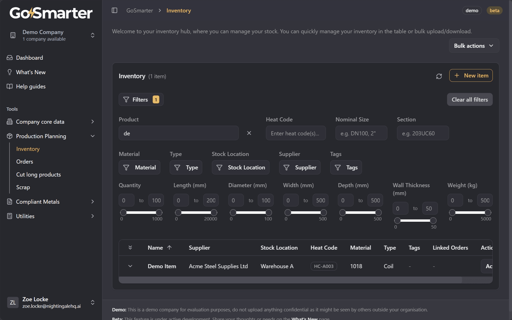 Inventory data table with search and filter controls