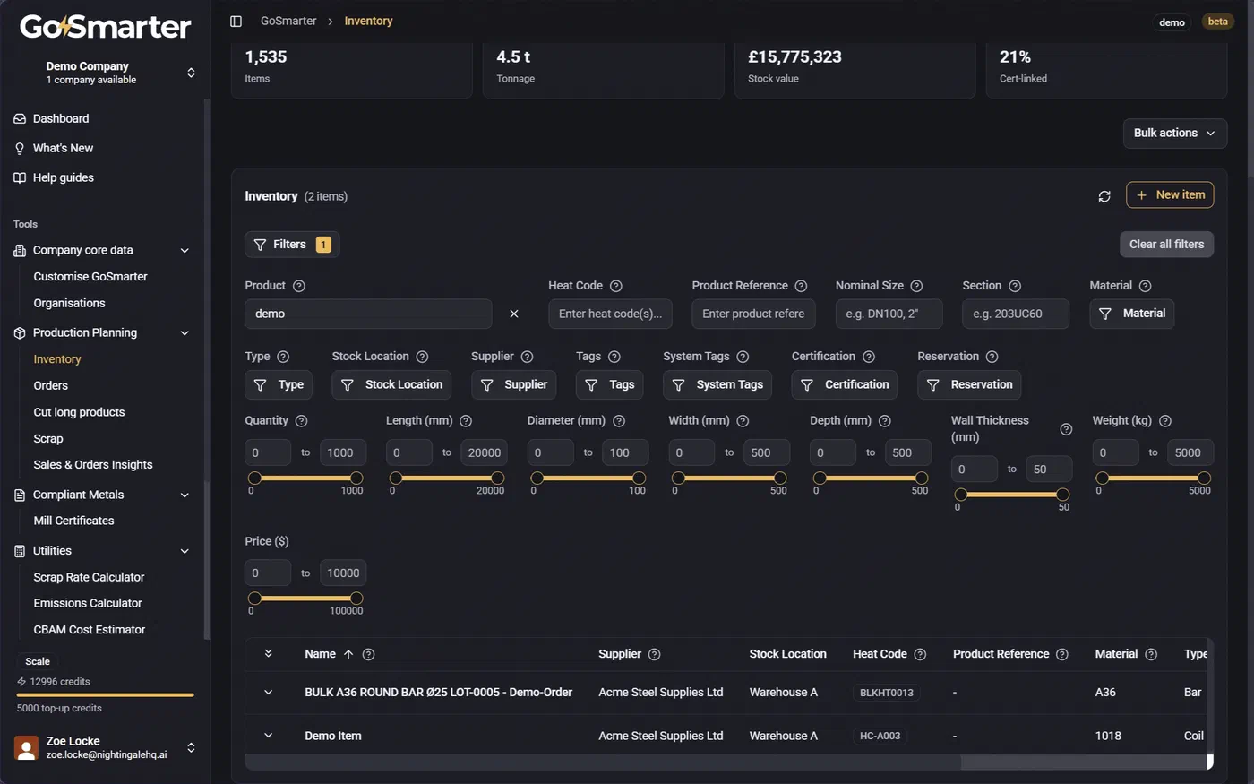 Inventory data table with search and filter controls