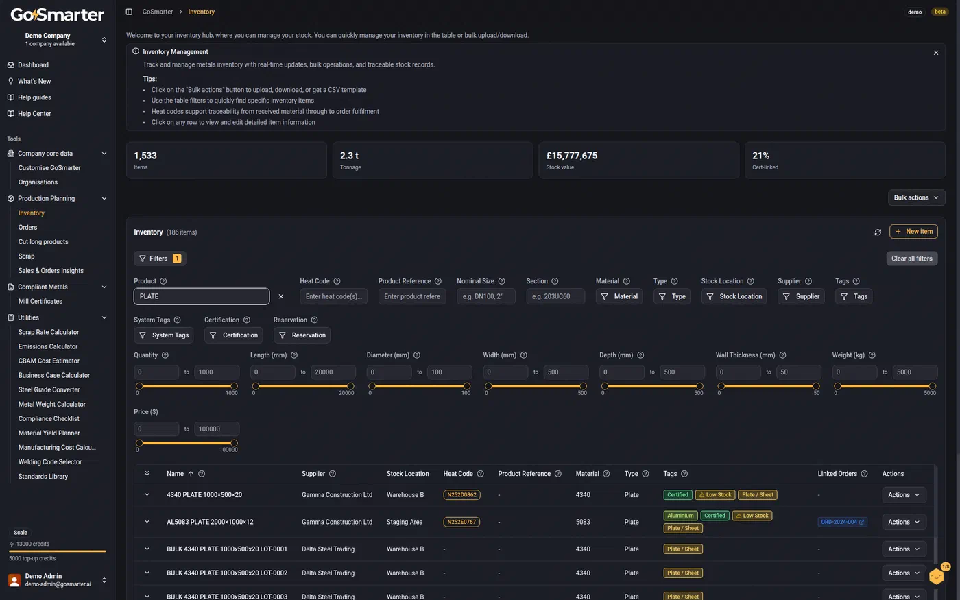 Inventory data table with search and filter controls