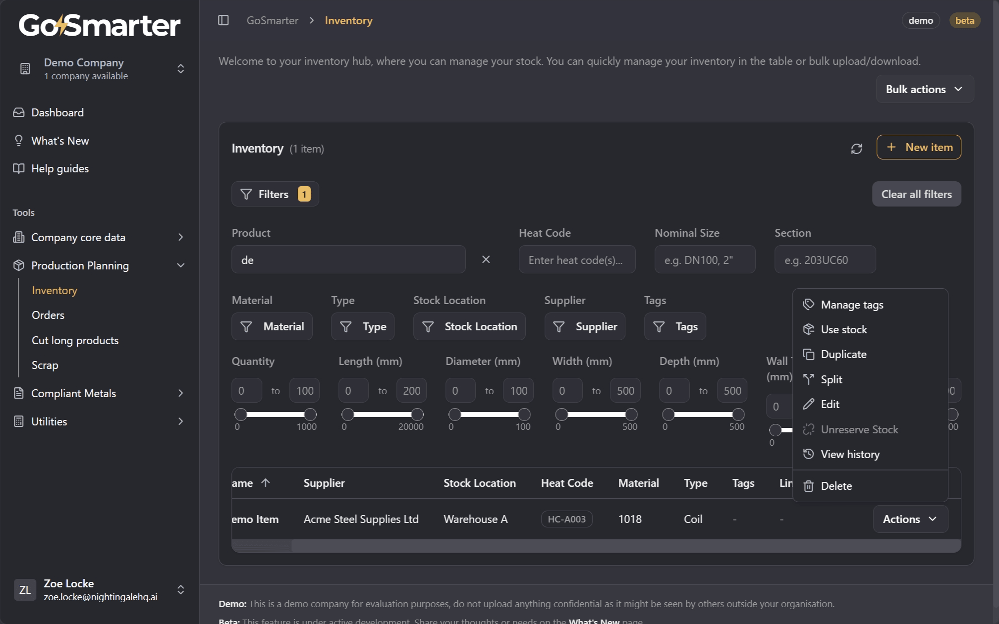 Actions menu on an inventory row showing available item operations