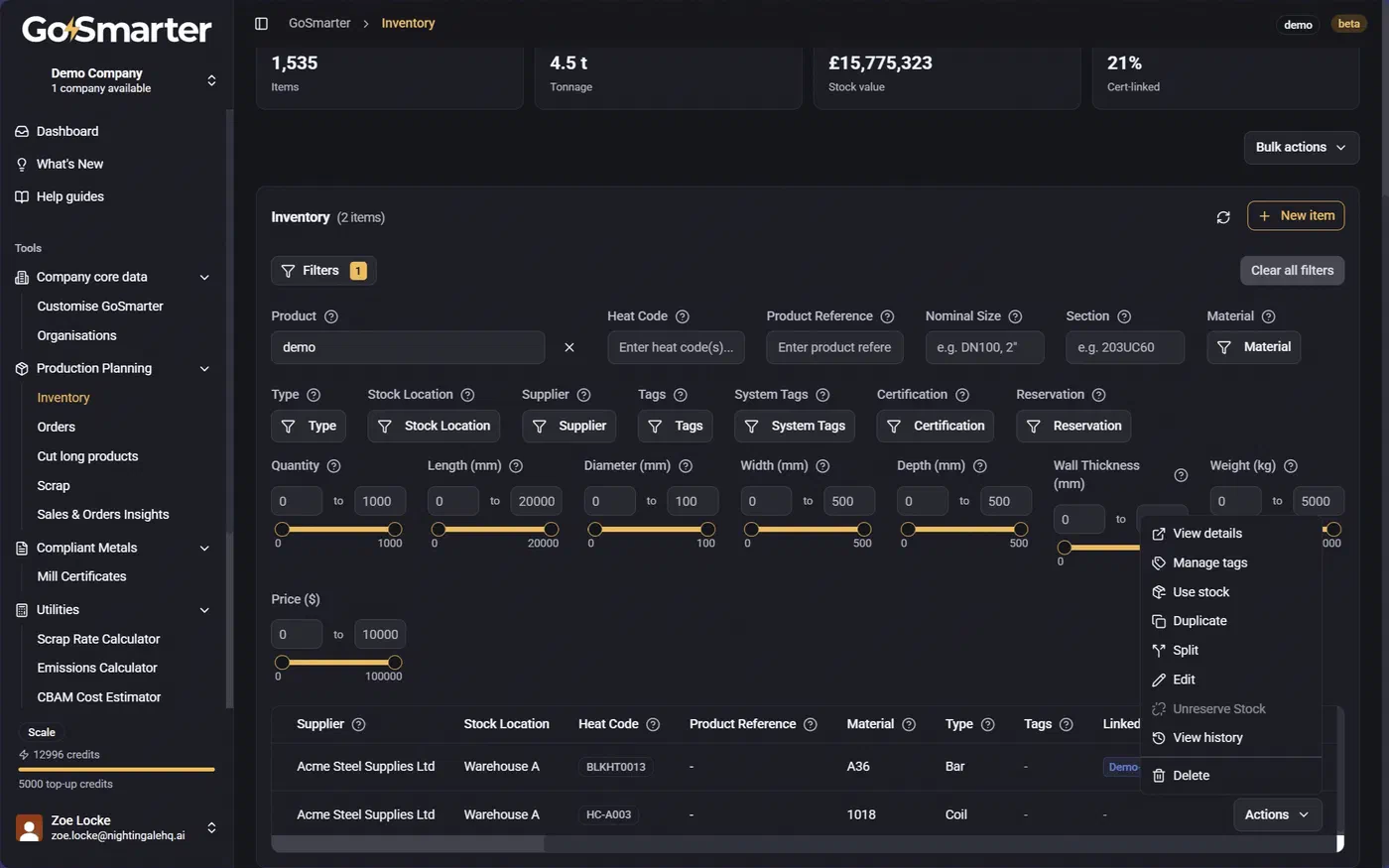 Actions menu on an inventory row showing available item operations