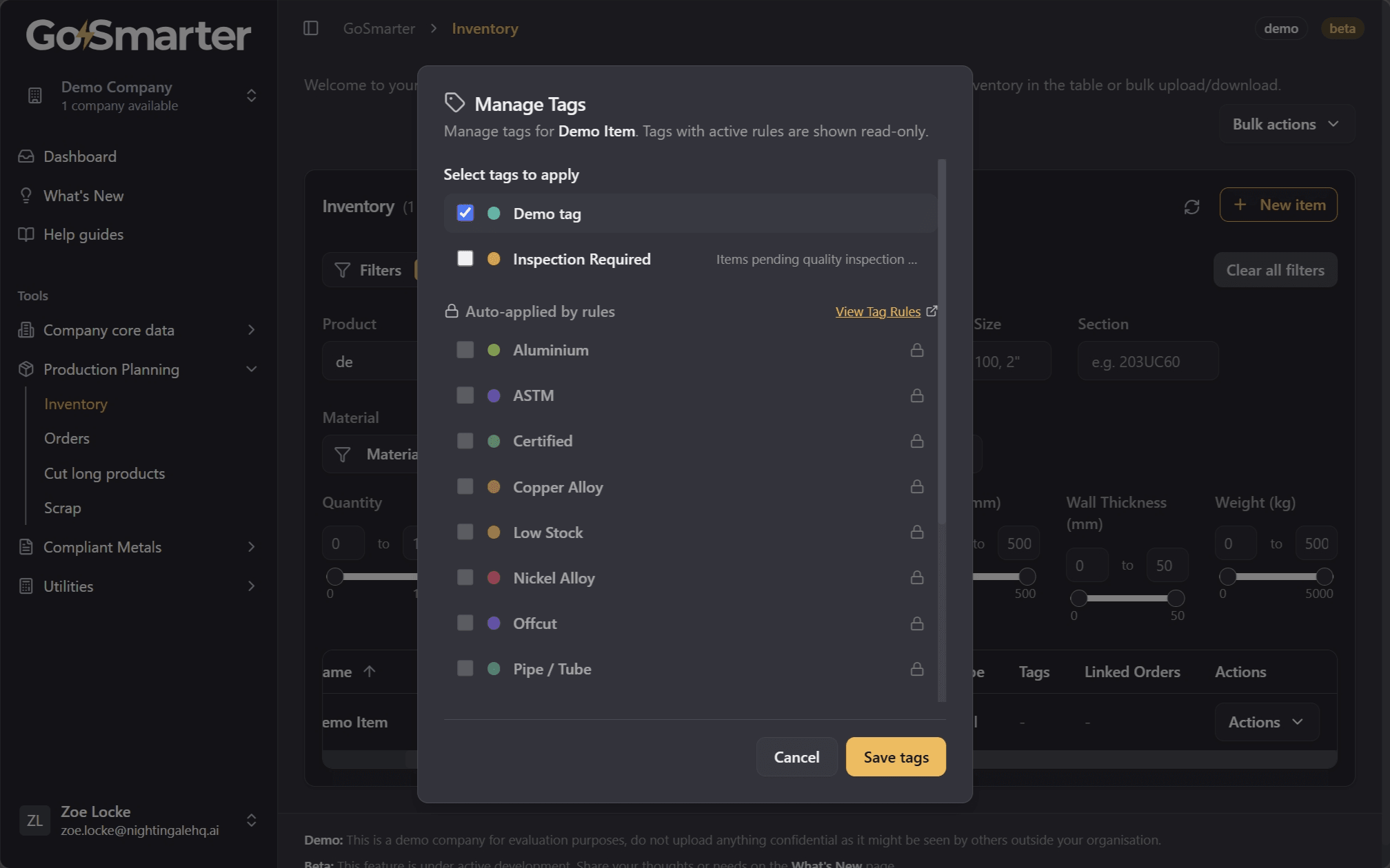 Manage Tags window showing applied tags and manual toggle controls